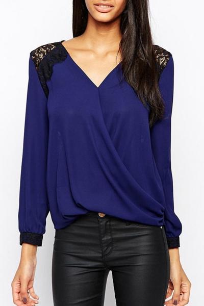 Oasap Fancy Lace Paneled Faux Wrap Blouse
