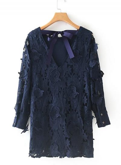 Oasap Round Neck Long Sleeve Lace Mini Dress