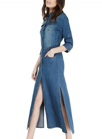 Oasap Women's Button Front Side Slit Denim Shirt Dress