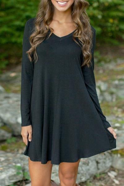 Oasap Black V Neck Long Sleeve Stretch Knit Trapeze Dress