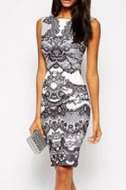 Oasap Contrast Lace Print Midi Dress