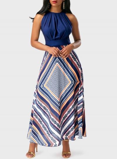 Oasap Elegant Sleeveless Geo Printed Maxi Chiffon Evening Dress