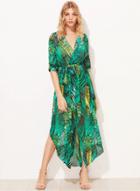 Oasap V Neck Long Sleeve Green Leaf Maxi Dress With Belt