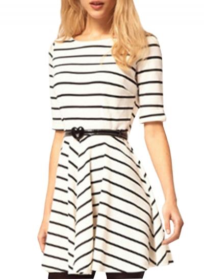 Oasap Women's Color Block Striped Belted A-line Dress