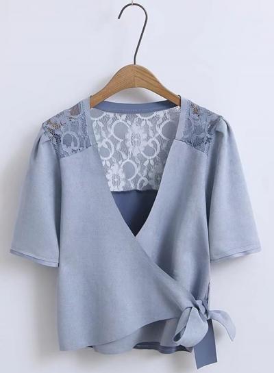 Oasap V Neck Lace Patchwork Short Sleeve Blouse