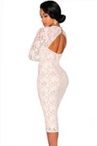 Oasap White Lace Long Sleeves Padded Midi Dress