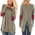 Oasap Round Neck Long Sleeve Plaid Panel Back Button Down Tee Shirt