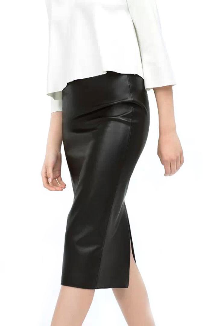 Oasap Black Back Slit Pencil Pu Skirt