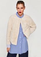 Oasap Round Neck Press Button Faux Fur Coat