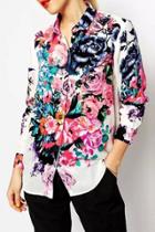 Oasap Luxe Floral Print Chiffon Button Down Shirt
