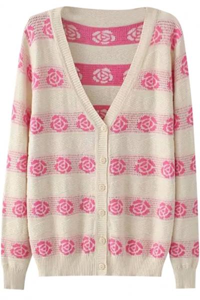 Oasap Sweet Rose Print Long Sleeve Cardigan