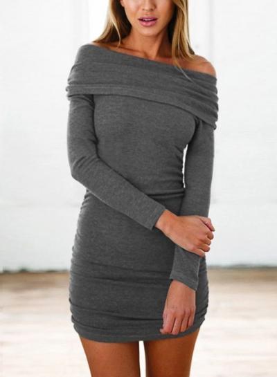 Oasap Solid Color Off Shoulder Long Sleeve Bodycon Dress