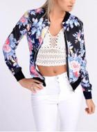Oasap Rib Collar Long Sleeve Floral Print Jacket