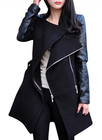 Oasap Women's Casual Slant Zipper Pu Panel Coat Outwear