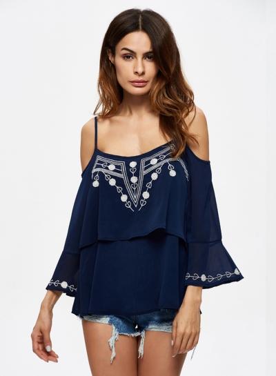 Oasap Spaghetti Strap Scoop Neck Flounce Sleeve Chiffon Blouse