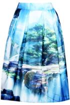 Oasap Ethereal Panoramic Print Pleated Swing Skirt