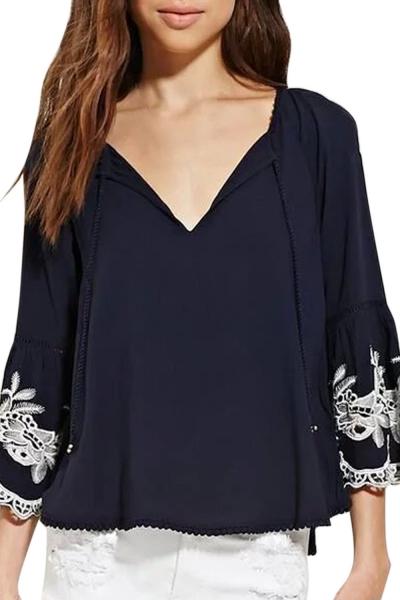 Oasap Women's Tie Front Flounce Sleeve Ethnic Embroidery Blouse