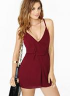 Oasap Sexy Solid Spaghetti Strap Sleeveless Back Cross Lace-up Rompers