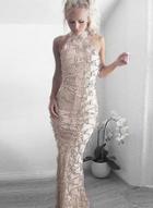 Oasap Halter Sleeveless Sequins Maxi Evening Dress With Tassel