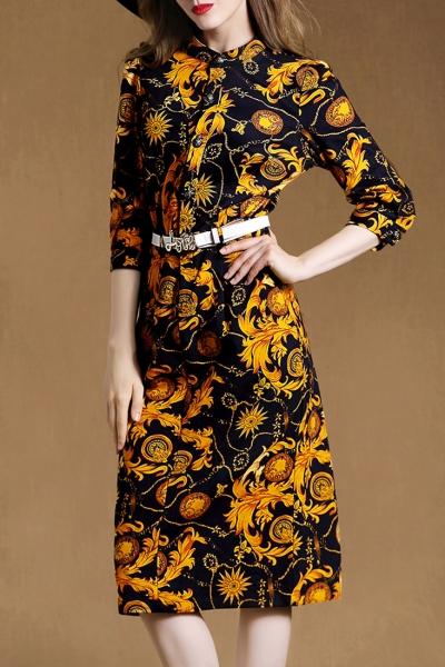Oasap Vintage Floral Printing Stand Collar Slim Belt Dress