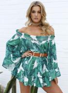 Oasap Off Shoulder Flare Sleeve Green Leaf Mini Dress