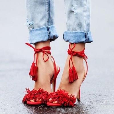 Oasap Open Toe Ankle Lace Up High Heels Sandals With Tassel