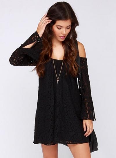 Oasap Women's Off Shoulder Lace Embroidery Long Sleeve Mini Dress