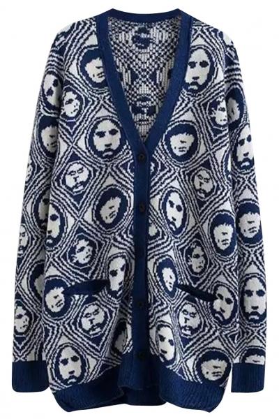 Oasap Creative Portrait Print Single Breasted Cardigan