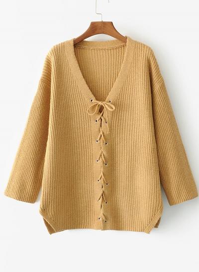 Oasap V Neck Long Sleeve Solid Color Lace Up Sweater