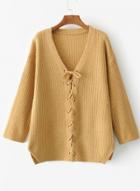 Oasap V Neck Long Sleeve Solid Color Lace Up Sweater