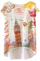 Oasap Chic Print High Low Design Cap Sleeve Loose Fit Tee