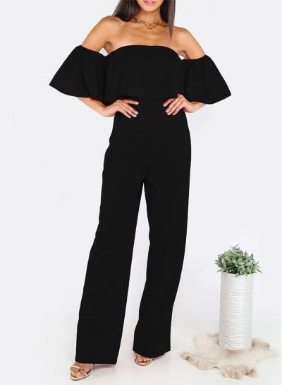 Oasap Fashion Off Shoulder Short Sleeve Ruffle Solid Jumpsuit