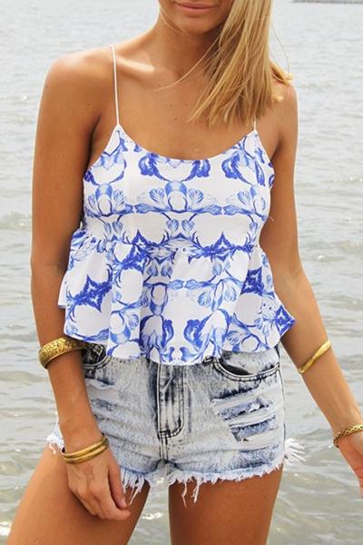 Oasap Floral Pattern Spaghetti Strap Tee