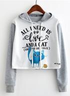 Oasap Long Sleeve Cat Print Color Block Hoodie