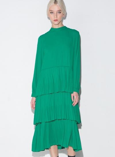Oasap Women's Lace-up Back Tiered Long Sleeve Pleat Dress