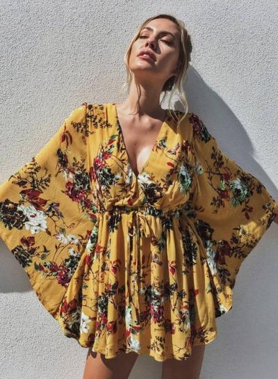 Oasap V Neck Floral Print Batwing Sleeve Dress
