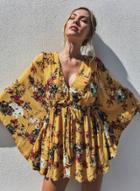 Oasap V Neck Floral Print Batwing Sleeve Dress