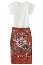 Oasap White Chiffon Top Tribal Print Medi Skirt Set