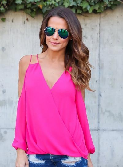 Oasap V Neck Off Shoulder Long Sleeve Solid Chiffon Blouse