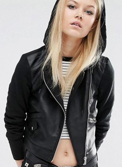 Oasap Zip Front Pu Leather Block Hooded Jacket