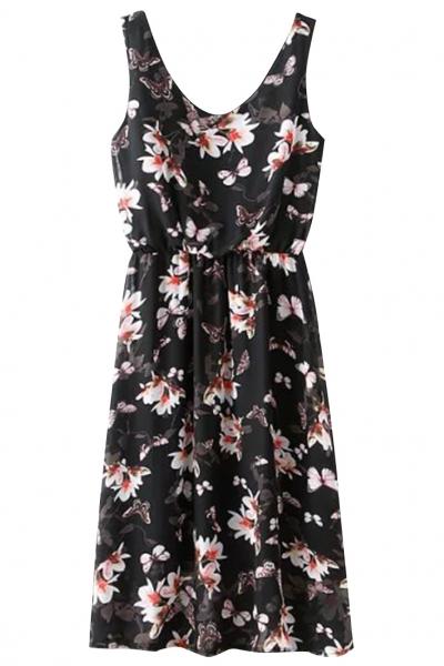 Oasap Floral Print Sleevless Midi Dress