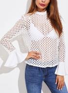 Oasap Round Neck Net Yarn Flare Sleeve Top