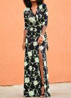 Oasap Floral Print V Neck Half Sleeve High Slit Maxi Dress