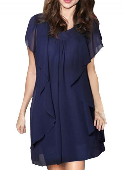 Oasap Women's Round Neck Short Sleeve Ruffle Front Chiffon Shift Dress