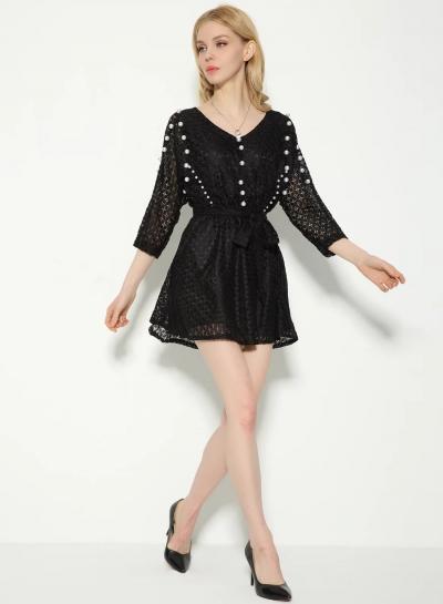 Oasap V Neckline Long Sleeve Bead Solid Lace Dress With Belt