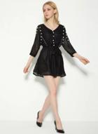 Oasap V Neckline Long Sleeve Bead Solid Lace Dress With Belt