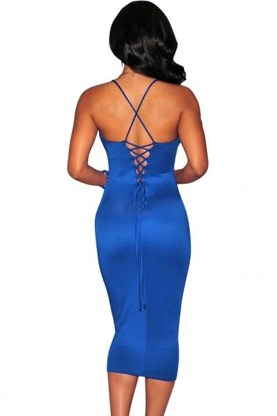Oasap Blue Plunging V Neck Halter Lace-up Midi Dress