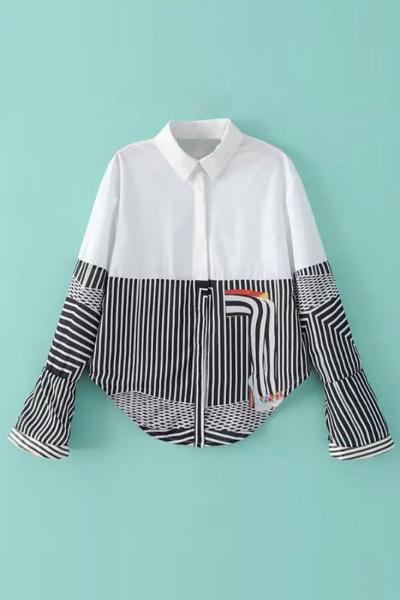 Oasap Color Block Striped Print High Low Button Down Shirt