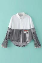 Oasap Color Block Striped Print High Low Button Down Shirt