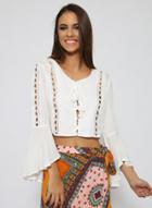 Oasap Round Neck Flare Sleeve Solid Color Lace-up Blouse